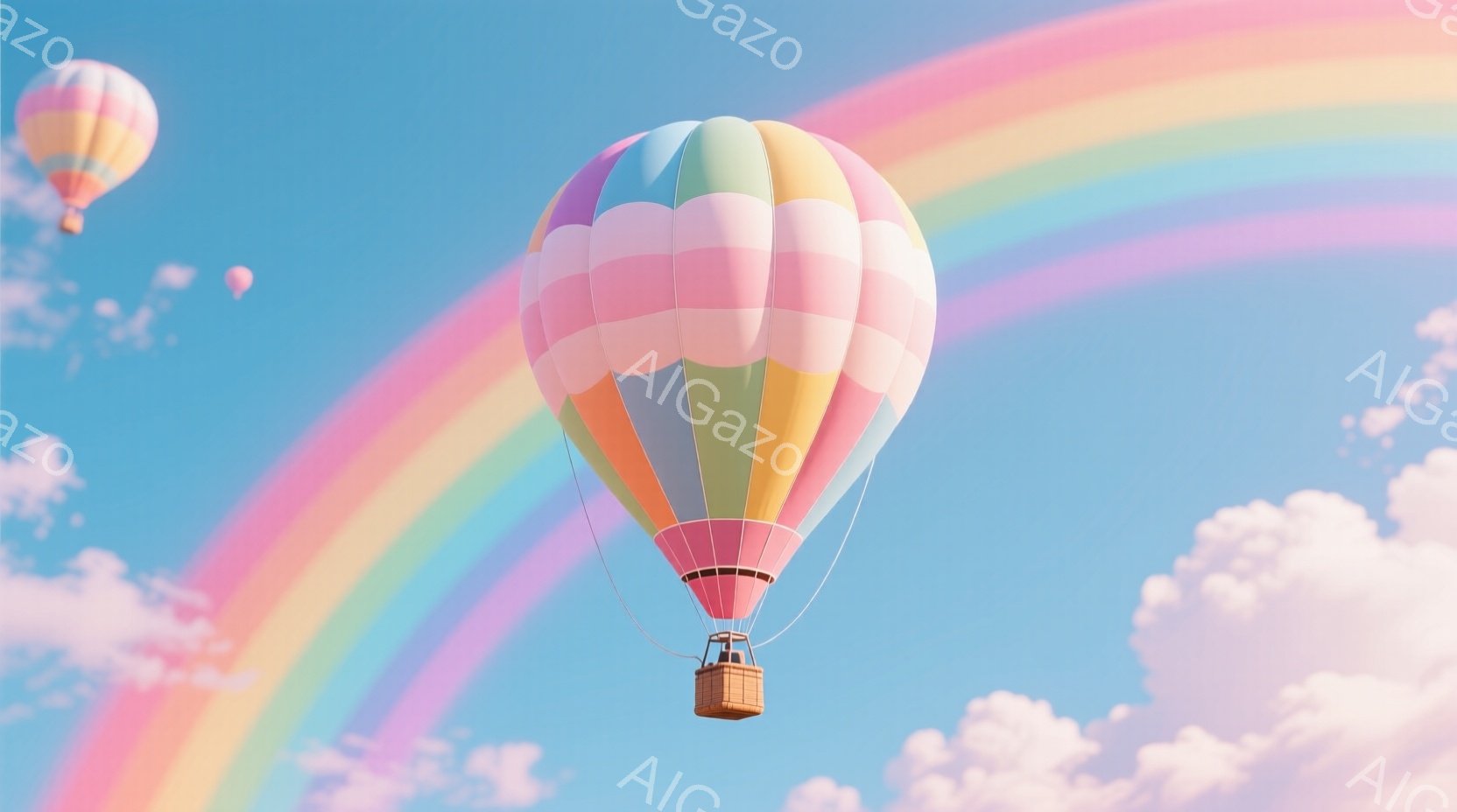 鮮やかな虹が空に架かり、ピンク、黄色、水色などのパステルカラーの熱気球が２つ浮かんでいる。下側の熱気球には、籐で編まれた籠がぶら下がり、穏やかな空模様と合わせて、夢のような、平和な雰囲気を醸し出してい - AI生成フリー素材