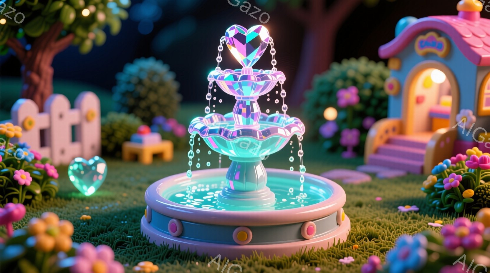 鮮やかな色彩の噴水が、緑豊かな芝生の上に設置されています。噴水は光り輝く水とクリスタルのような装飾が特徴で、周囲にはピンクや紫の花が咲き乱れています。背景には可愛らしい家と木々が見え、夢のような、遊び - AI生成フリー素材