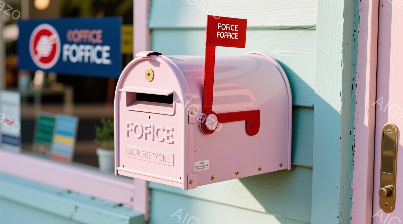 淡いピンク色のメールボックスが、水色の壁に設置されています。メールボックスには「FORICE」という文字が書かれており、赤いフラッグが上がっています。背景には、カラフルな看板と、窓ガラス越しに室内の一部が見えており、春の穏やかな日差しが感じられます。