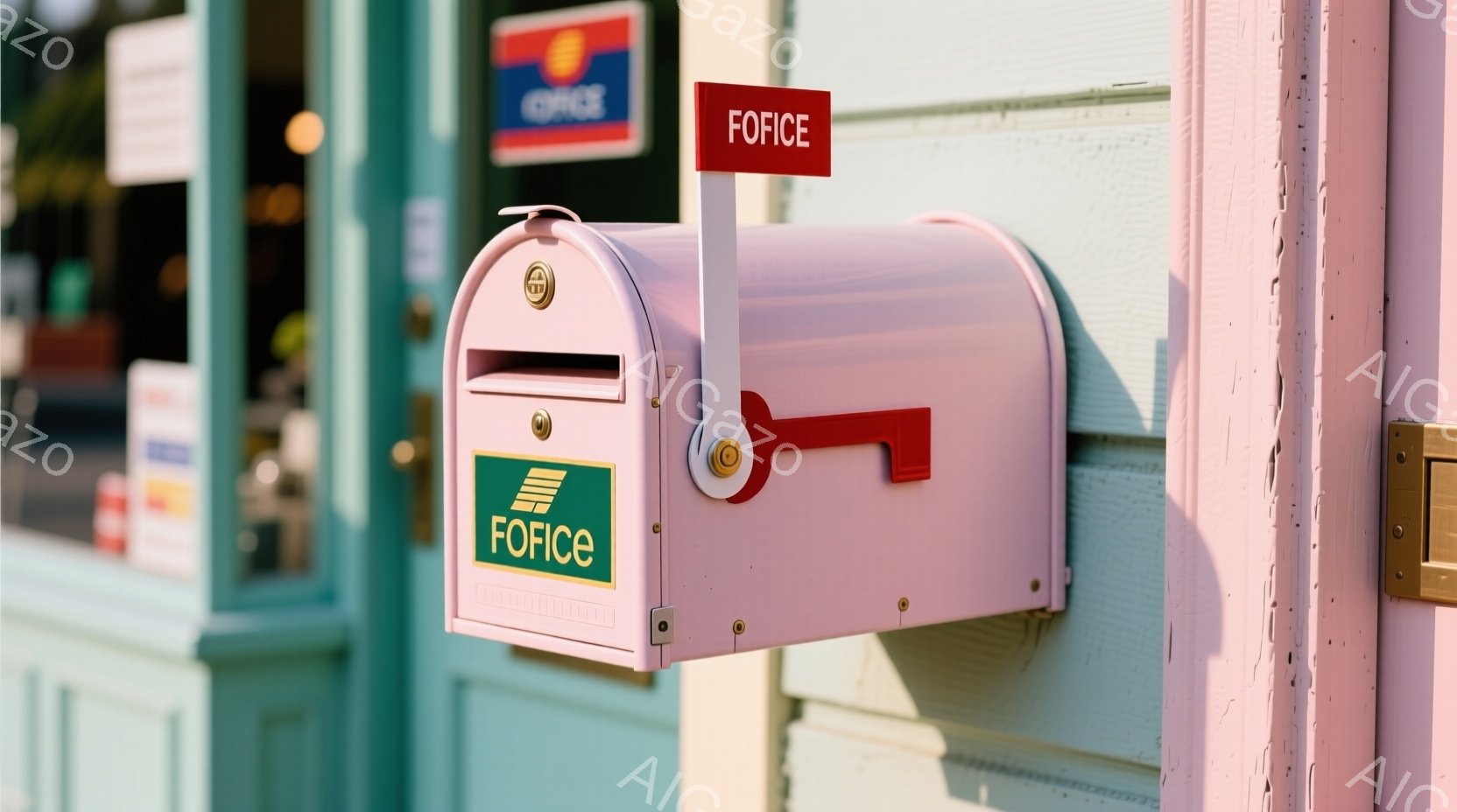 淡いピンク色の郵便受けが、水色の壁に設置されています。郵便受けには、「FORICE」と書かれた緑色のラベルが貼られており、上部には小さな旗のような装飾があります。背景にはガラス窓と、ぼやけた店舗の一部が見え、穏やかで静かな雰囲気が漂っています。