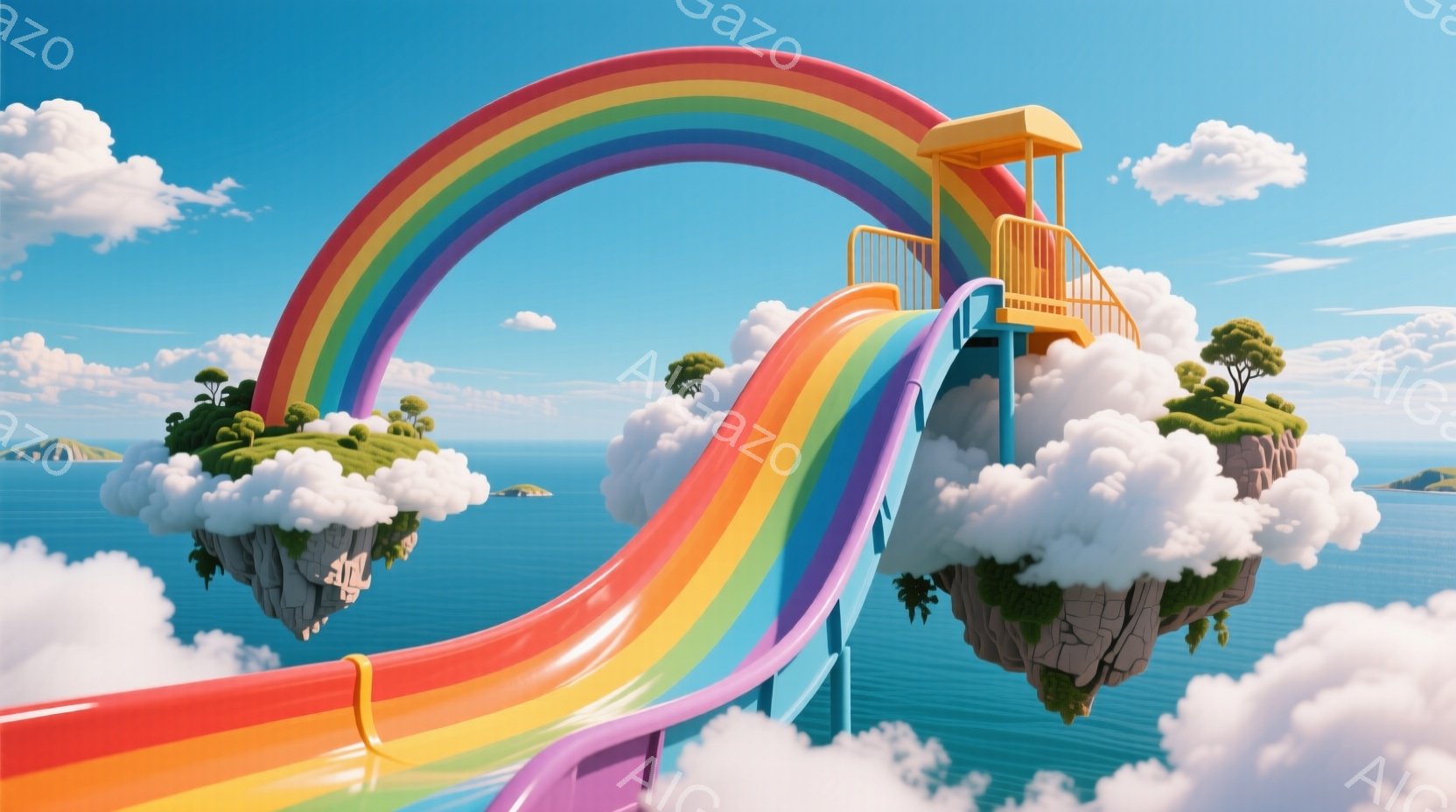 鮮やかな虹色のウォータースライダーが雲の上に架かる幻想的な光景です。雲はまるで小さな島のように岩と緑の木々を含み、ターコイズブルーの海の上に浮かんでいます。晴れた空と白い雲が、全体的に遊び心があり、夢 - AI生成フリー素材