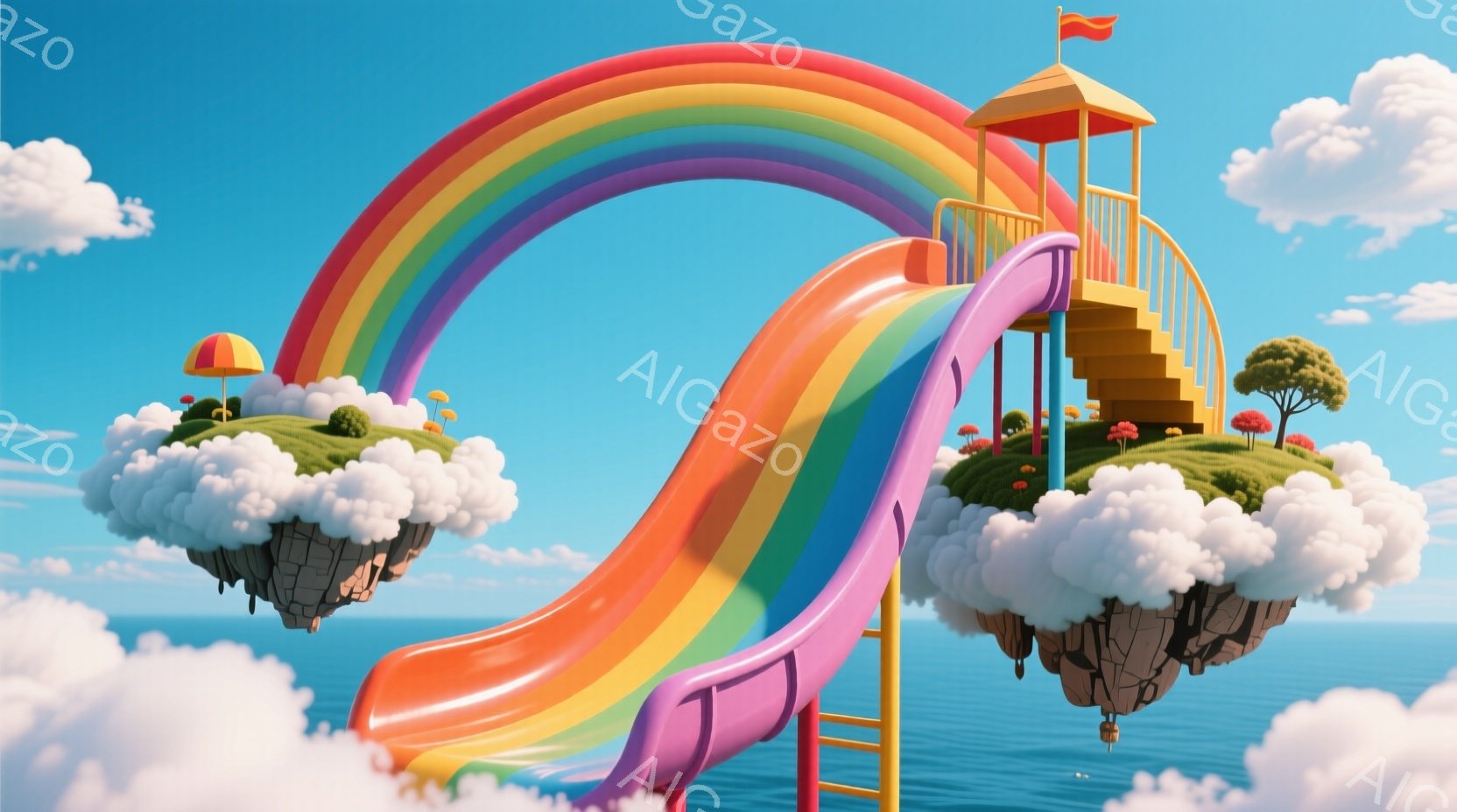 鮮やかな虹色の滑り台が、雲の上に浮かぶ緑の島とつながっている幻想的な光景だ。島の周りにはふわふわとした雲が漂い、遠くには青い海が広がっている。全体的に明るく、遊び心に満ちた、夢のような雰囲気を感じさせ - AI生成フリー素材
