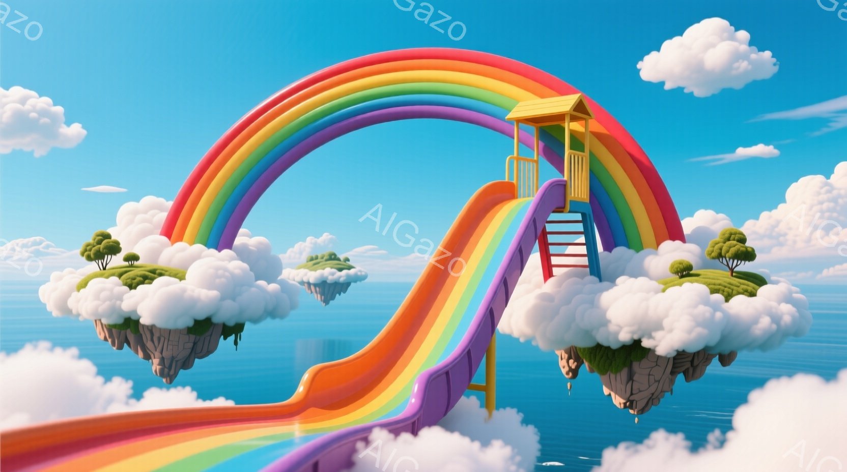 鮮やかな虹が雲の上に架かり、まるで遊園地の巨大な滑り台のようになっている。雲は浮遊する島となっており、緑の木が生い茂り、澄んだ青い海が広がっている。全体的に明るく、遊び心に満ちた、夢のような雰囲気が漂 - AI生成フリー素材