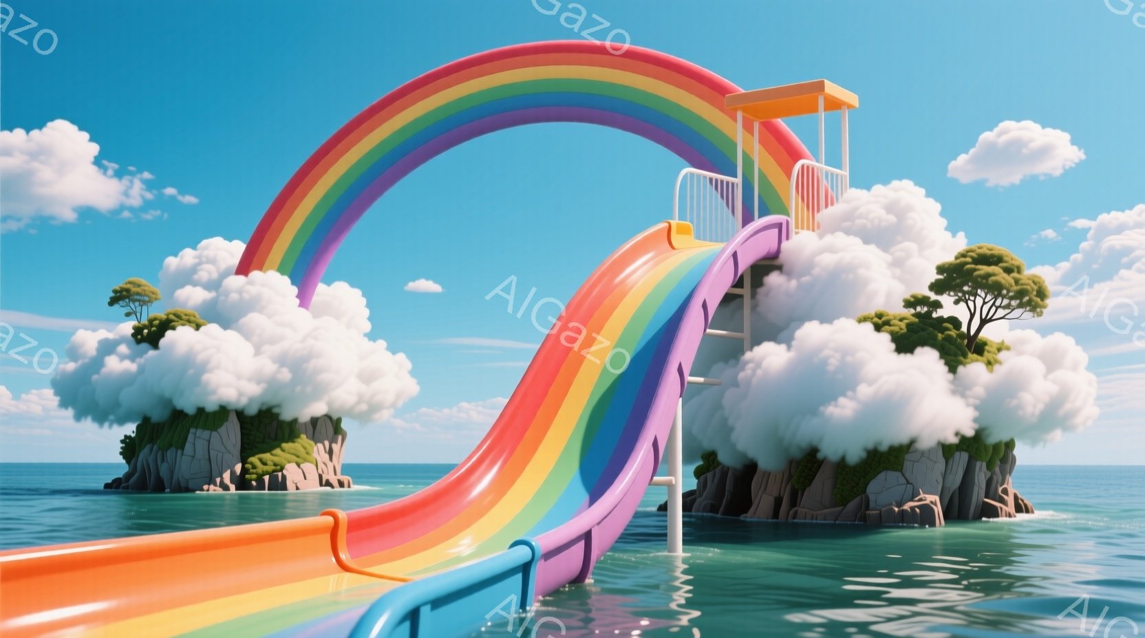 広大な青い海に、虹色のウォータースライダーが浮かぶ島々の上に架かっています。島々は岩場に覆われ、緑豊かな木々とふわふわとした雲に彩られています。鮮やかな色彩と穏やかな海面が、夢のような、遊び心に満ちた - AI生成フリー素材