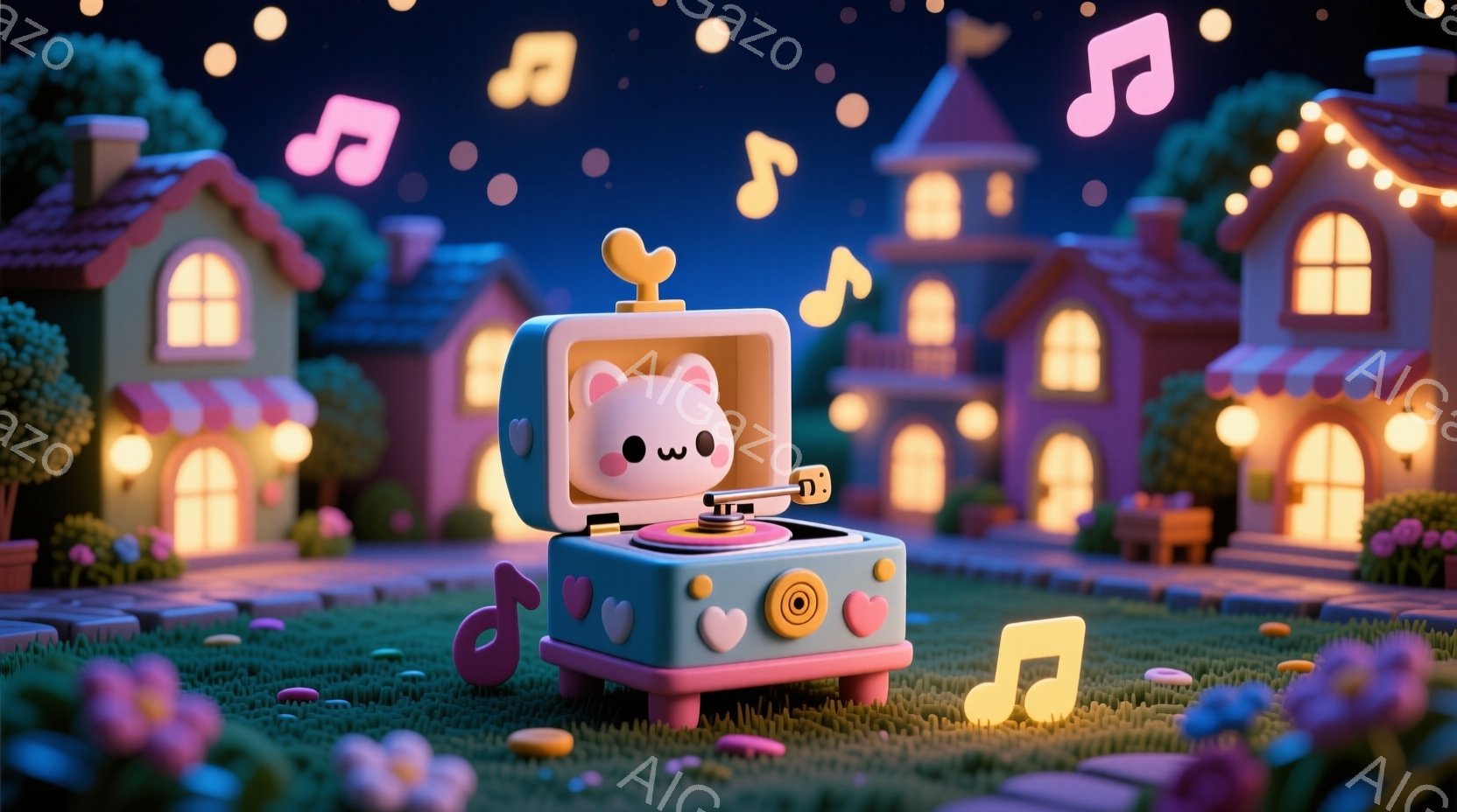 明るいピンクと水色の建物が並ぶ、夜の可愛らしい風景です。中央には、顔のついたレトロなラジオが設置されており、楽しそうに音楽を奏でています。周りには音符が舞い上がり、柔らかい光が全体を包み込み、温かく幻 - AI生成フリー素材