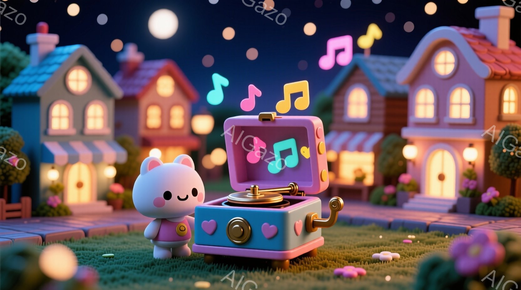 ピンク色の可愛らしいウサギのキャラクターが、レトロなピンク色のレコードプレーヤーの隣に立っています。ウサギは丸い顔で、つぶらな瞳と控えめな笑顔が特徴で、クリーム色のカーディガンを着ています。背景にはカ - AI生成フリー素材