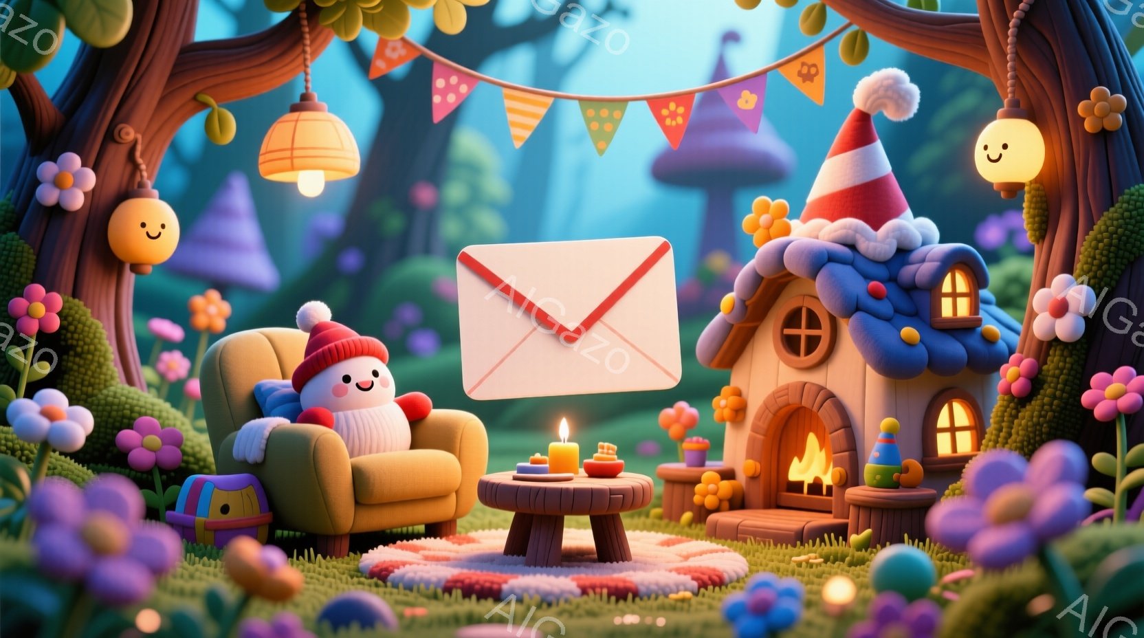 暖炉のある可愛らしいコテージの中に、赤い帽子とマフラーを身につけた白いキャラクターが座っています。彼は心地よさそうに椅子に座り、正面には大きな赤い封筒が浮かんでいます。背景には緑豊かな森とカラフルな花々が広がり、全体的に温かく、夢のような雰囲気です。