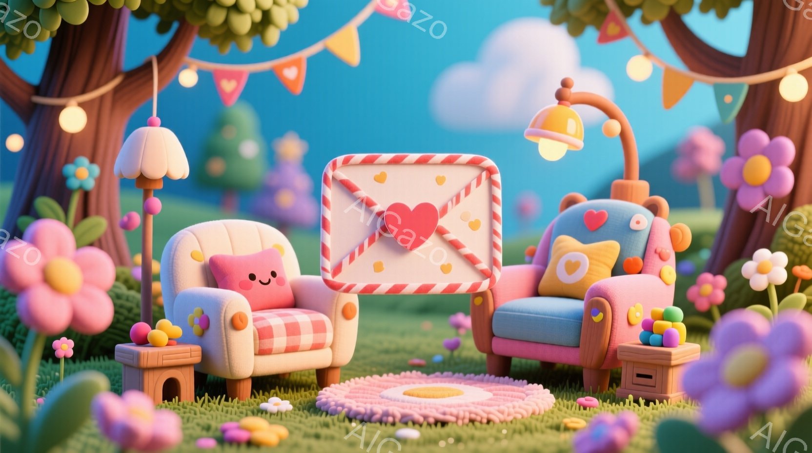 明るい緑の芝生の上に、ピンクとクリーム色の可愛らしい椅子が二つ並んでいます。椅子はそれぞれ小さなテーブルとハート型のクッションが置かれ、背景には色とりどりの花が咲き乱れ、空にはふわふわとした雲が浮かん - AI生成フリー素材