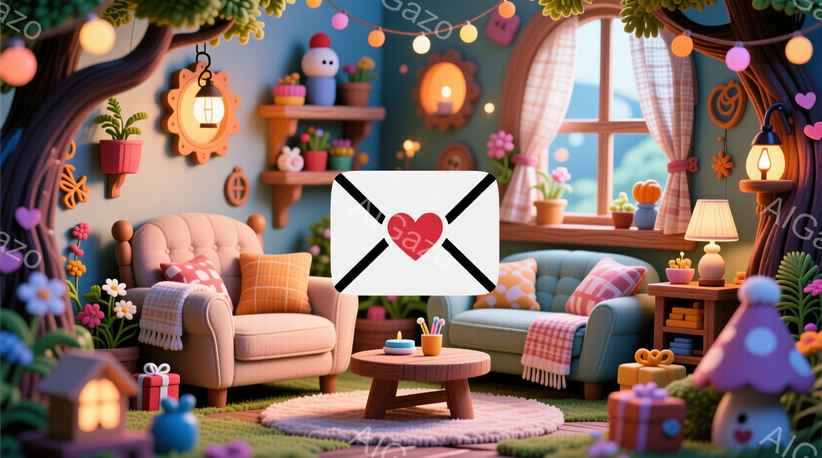 暖炉のない、可愛らしいコテージの室内です。パステルカラーのソファとアームチェアが配置され、温かい雰囲気の照明が灯っています。窓の外には緑豊かな庭と、プレゼントボックスで飾られたキノコ型の家が見え、春らしい穏やかな一日が感じられます。