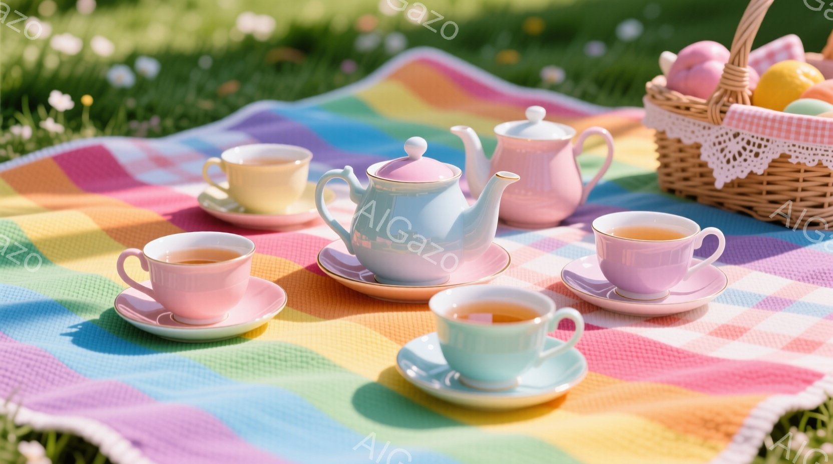 カラフルなチェック柄のピクニックブランケットの上に、パステルカラーのティーポットとティーカップが並べられています。ティーポットとカップはそれぞれ異なる色をしており、春らしい穏やかな雰囲気を醸し出してい - AI生成フリー素材