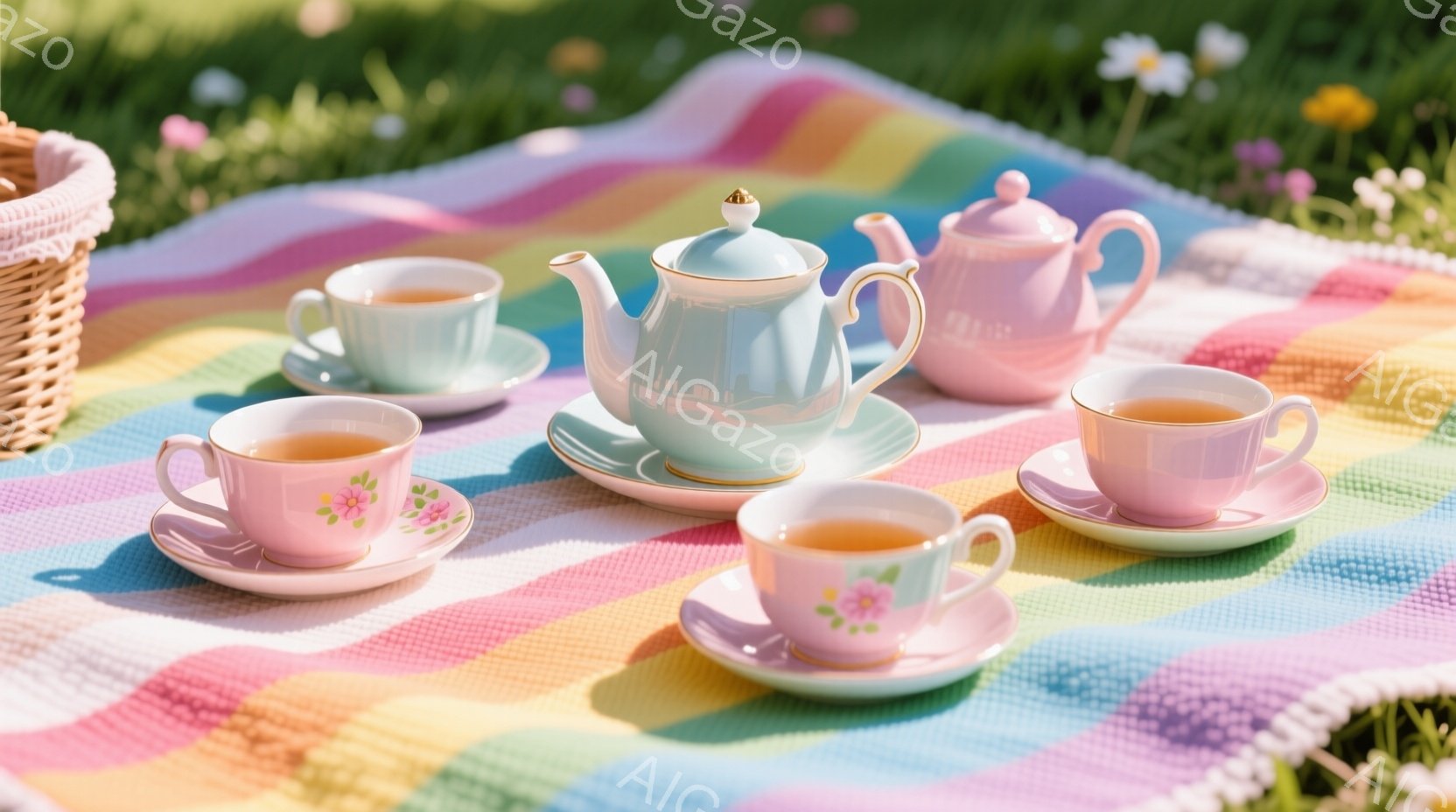 色とりどりのストライプのピクニックブランケットの上に、可愛らしいピンクと水色のティーセットが並べられています。ティーポットとティーカップは全て金色の縁取りが施され、繊細で上品な印象を与えます。背景には緑の草と小さな花々が広がり、春の穏やかな日差しの中でティータイムを楽しむ様子が想像できます。