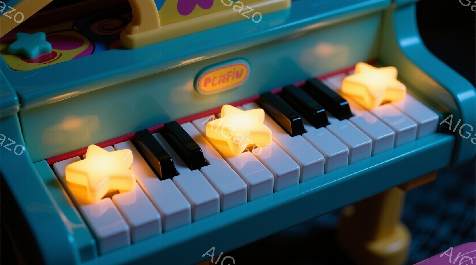 カラフルな子供用ピアノの鍵盤が写っている。いくつかの鍵盤には光る星形のボタンが取り付けられており、遊び心のある雰囲気を醸し出している。鮮やかなピンク、白、黒の色使いが、子供向けの楽しいデザインを強調している。