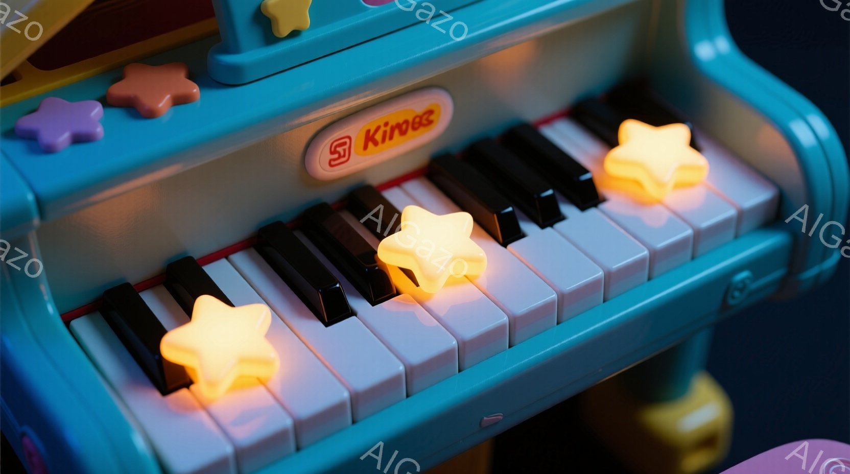 明るいピンクと水色の子供用ピアノの鍵盤が写っている。いくつかの鍵盤には、黄色い星形の光が灯っており、楽しく遊び心のある雰囲気を醸し出している。全体的にカラフルで、幼児向けの教育玩具であることがわかる。
