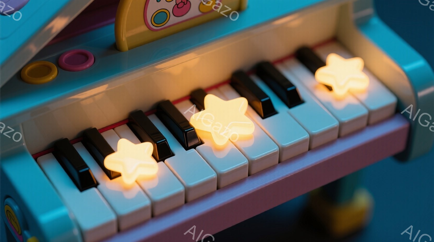 明るい水色の幼児用ピアノの鍵盤が写っている。白と黒の鍵盤の上には、光る星形のボタンがいくつか並んでおり、楽しげな雰囲気を醸し出している。ピアノ全体はカラフルで、遊び心あふれるデザインが特徴的である。 - AI生成フリー素材