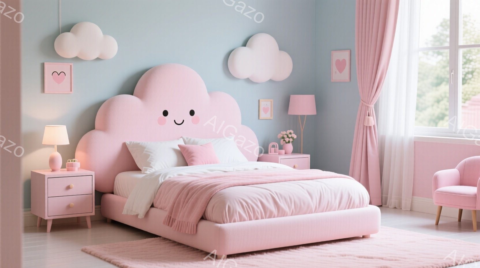 薄いピンク色のベッドルームで、雲の形をしたヘッドボードが特徴的なベッドが部屋の中心にあります。ベッドサイドテーブルの上にはランプと小物が置かれ、壁には可愛らしい雲の装飾とハートの絵が飾られています。全体的に柔らかいピンク色を基調とした、夢のような可愛らしい雰囲気の部屋です。