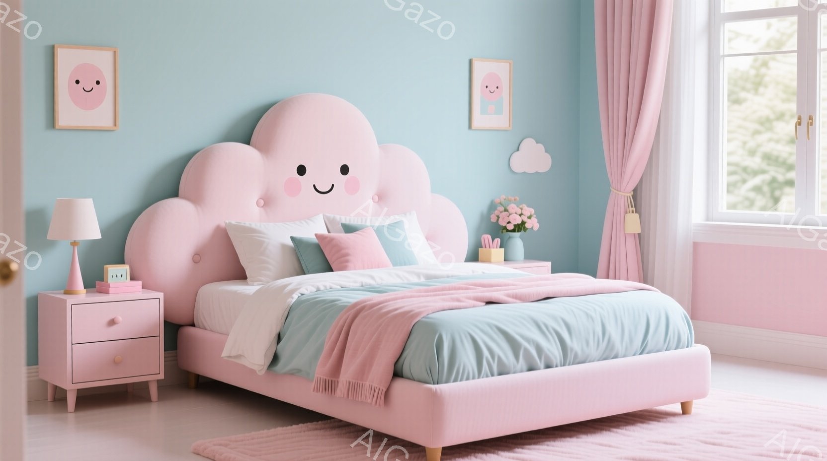 明るいピンク色のベッドルームで、雲の形をしたヘッドボードが特徴的です。ベッドには白いシーツと、ピンクと水色のブランケットがかけられ、可愛らしい雰囲気です。壁は水色で、ベッドサイドテーブルの上にはランプと小さな置物があり、全体的に柔らかく温かい印象を与えます。