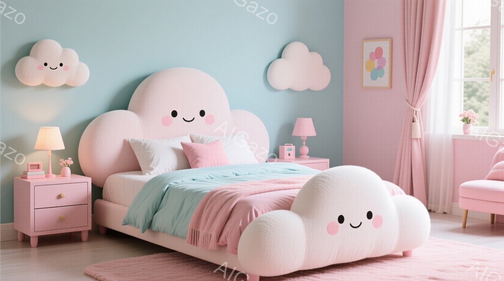 明るいピンクと水色のカラースキームの子供部屋で、雲の形をしたベッドが印象的です。ベッドのヘッドボードと壁には可愛らしい雲の表情が描かれており、ベッドには水色とピンクの掛け布団がかけられています。部屋全 - AI生成フリー素材