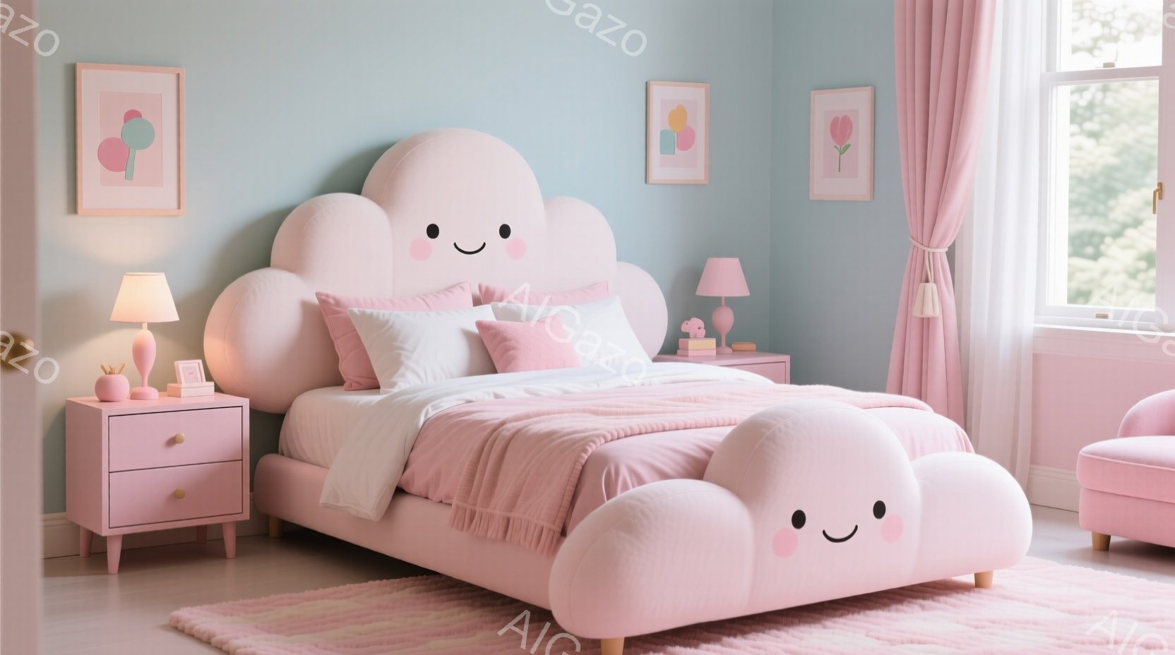 明るいピンクと白を基調とした子供部屋で、雲の形をした可愛らしいベッドが目を引きます。ピンクのナイトスタンドにはランプとアクセサリーが置かれ、壁には花柄の絵が飾られています。全体的に暖かく、夢のような雰 - AI生成フリー素材