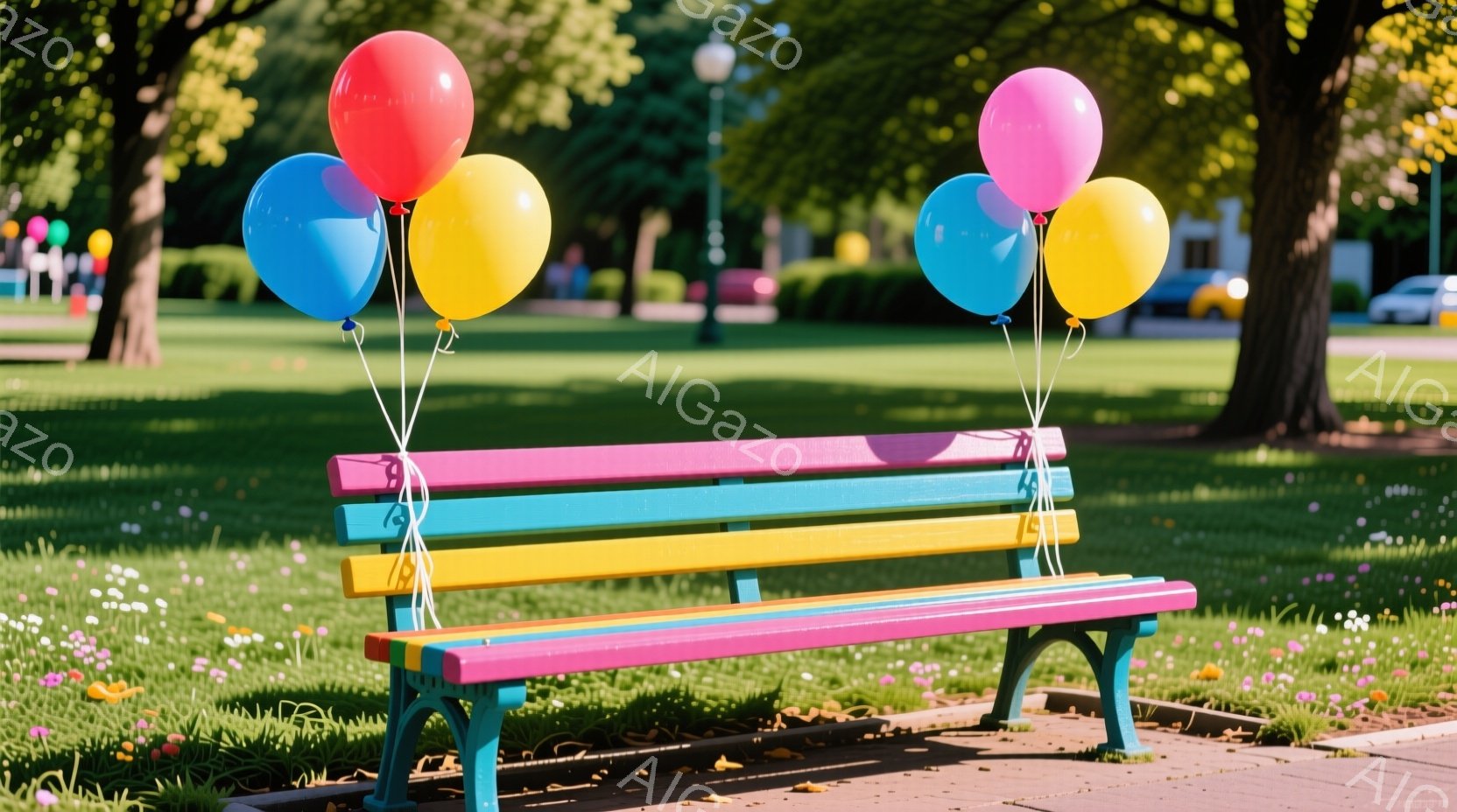 カラフルなベンチに赤、青、黄色の風船が結び付けられています。背景には緑豊かな芝生と木々が広がり、遠くに建物が見えます。晴れた日の穏やかな雰囲気で、まるで祝祭のような温かい印象を与えます。 - AI生成フリー素材