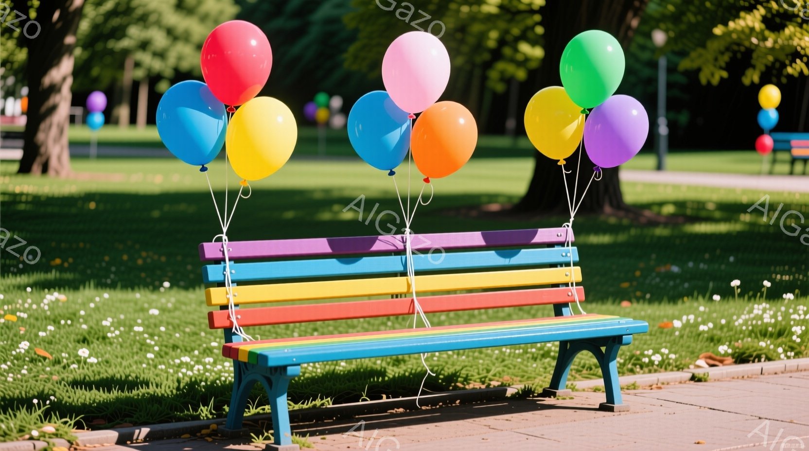公園のベンチにカラフルな風船が結び付けられています。ベンチは青、赤、黄色、緑のストライプで塗装されており、周囲は白い花で覆われた緑の芝生です。背景には木々が見え、晴れた日の穏やかな雰囲気を感じさせます。