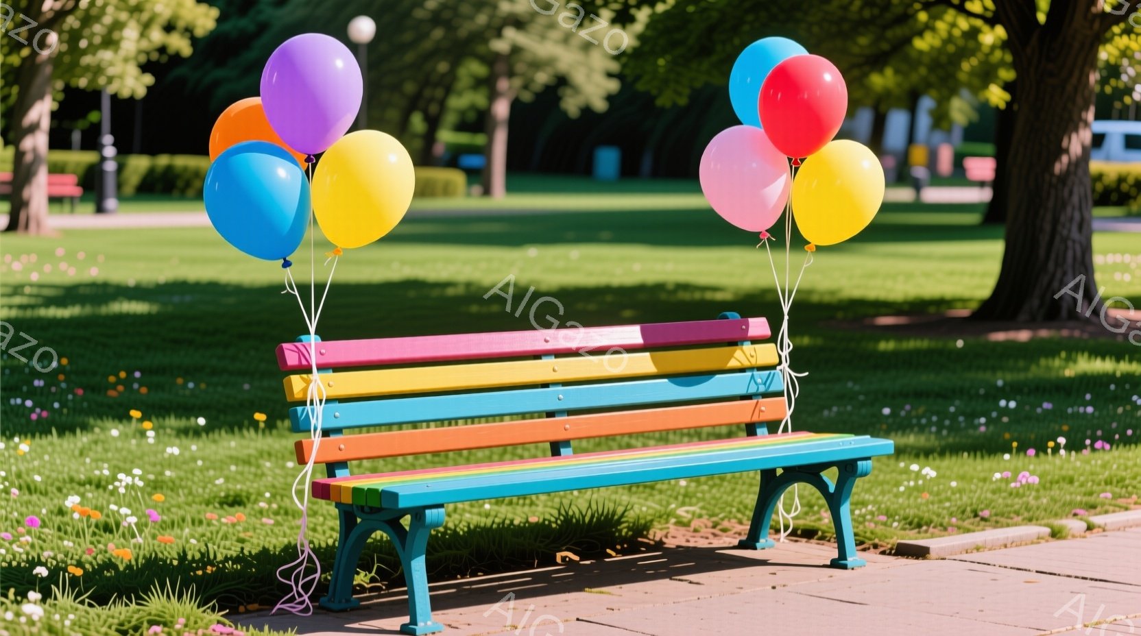カラフルな木製のベンチに、様々な色の風船が結び付けられています。背景には緑豊かな芝生と木々が広がり、晴れた日の穏やかな公園の雰囲気が感じられます。ベンチの下には花が咲き乱れ、暖かく明るい印象を与えてい - AI生成フリー素材