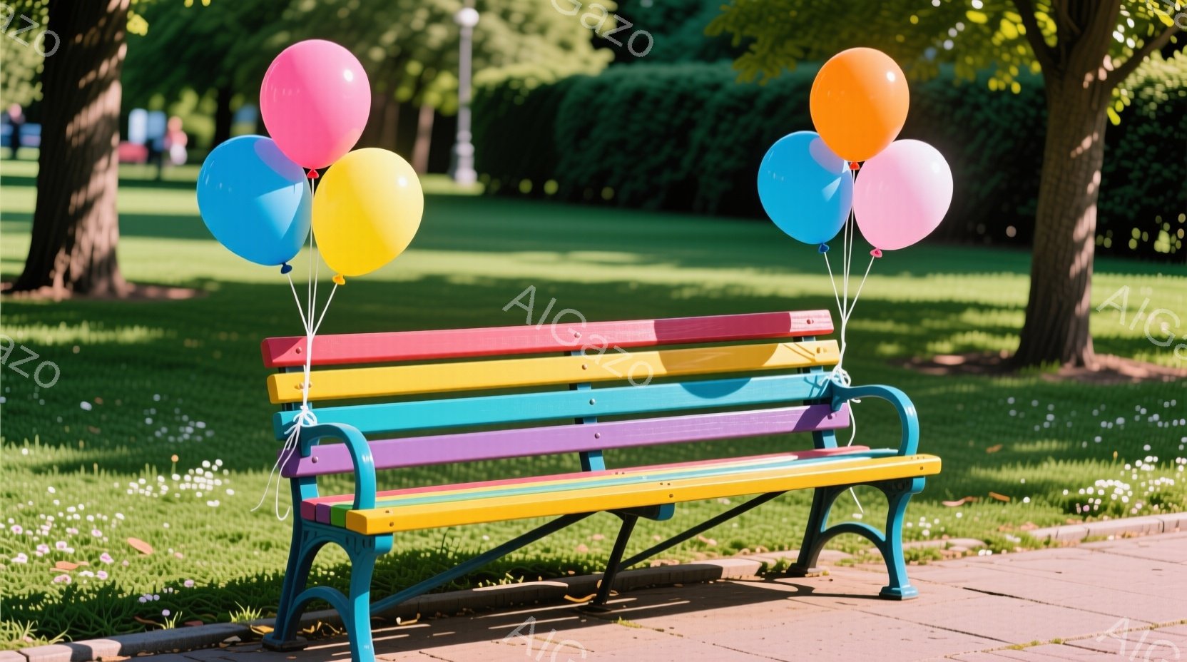 色とりどりの風船が、公園のベンチに結び付けられています。ベンチは虹色に塗られており、緑豊かな芝生と並木道が背景に広がっています。晴天の下、穏やかで楽しい雰囲気が漂っています。 - AI生成フリー素材