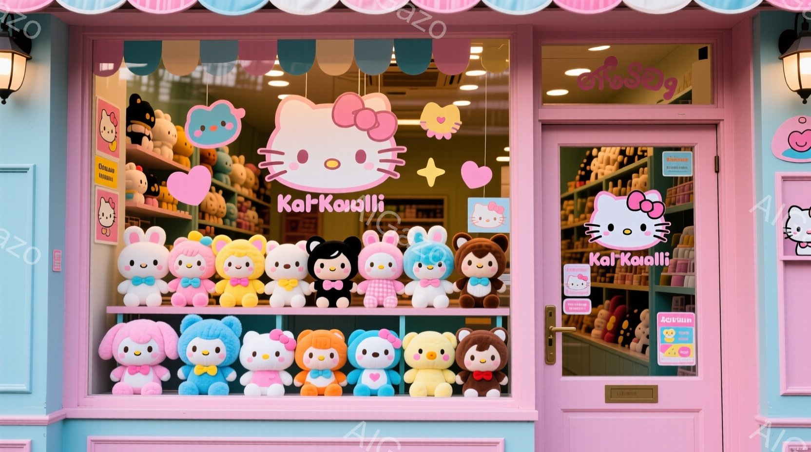 ピンク色の可愛らしいショーウィンドウには、たくさんのポムポムプリンとシナモロールのぬいぐるみたちがぎっしりと並んでいます。ぬいぐるみたちはそれぞれ異なる表情をしており、楽しそうな雰囲気を醸し出しています。ショーウィンドウの上部には可愛らしいイラストが描かれ、ピンクと白を基調とした可愛らしい店舗の入り口が印象的です。