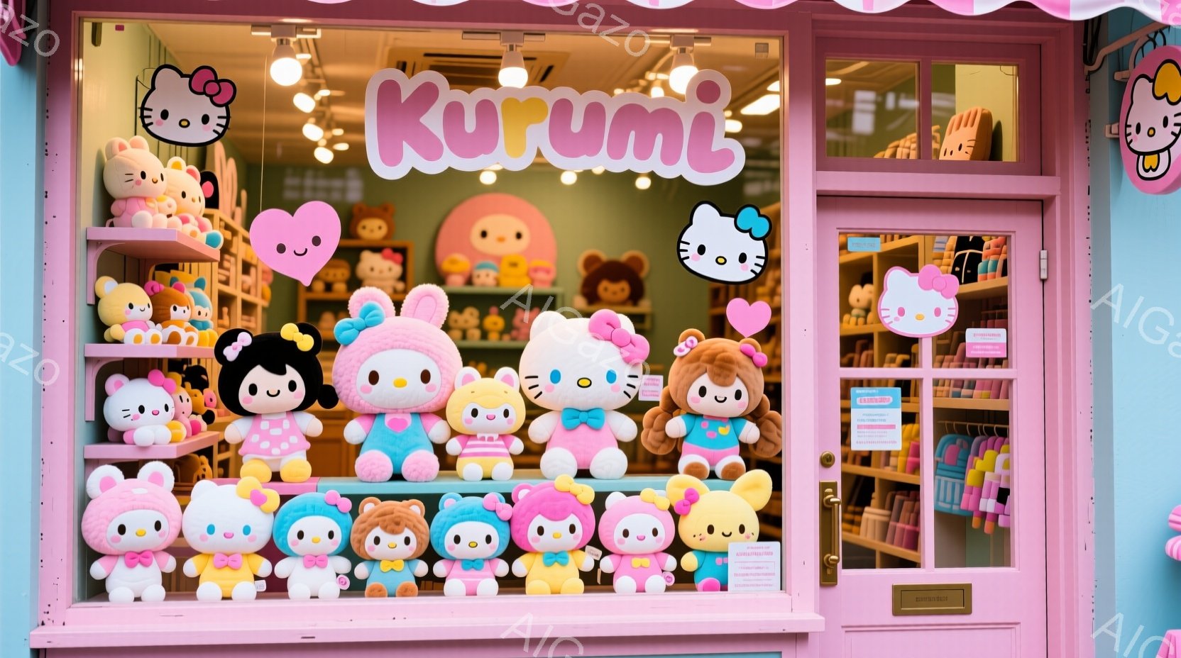 ピンク色のショーウィンドウには、様々なサンリオキャラクターのぬいぐるみでいっぱいです。メルヘンな雰囲気で、メロディ、ポムポムプリン、シナモロール、ポチャッコなどのキャラクターが並んでいます。背景には、他のぬいぐるみや商品が見え、全体的に可愛らしく、夢のような空間を作り出しています。