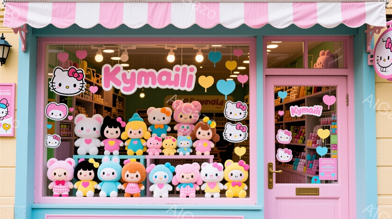 キティちゃんやマイメロなどのキャラクターのぬいぐるみがショーウィンドウにたくさん並んでいます。ピンク色の装飾と背景が可愛らしい雰囲気を作り出し、店内にはさらに多くの商品が積み上げられています。全体的にパステルカラーで統一されており、とても明るく楽しい空間であることがわかります。