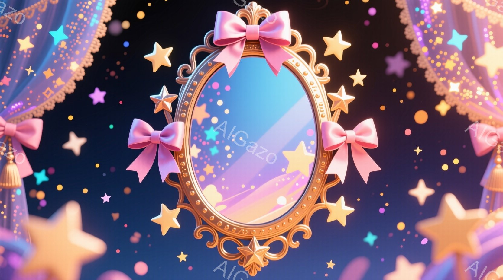 金色の装飾が施された楕円形の鏡が中央に配置され、ピンクのリボンとタッセルで飾られています。背景は濃い青から紫へのグラデーションで、様々な大きさの星が散りばめられ、幻想的な雰囲気を醸し出しています。全体として、夢のような、魔法のような雰囲気が感じられます。