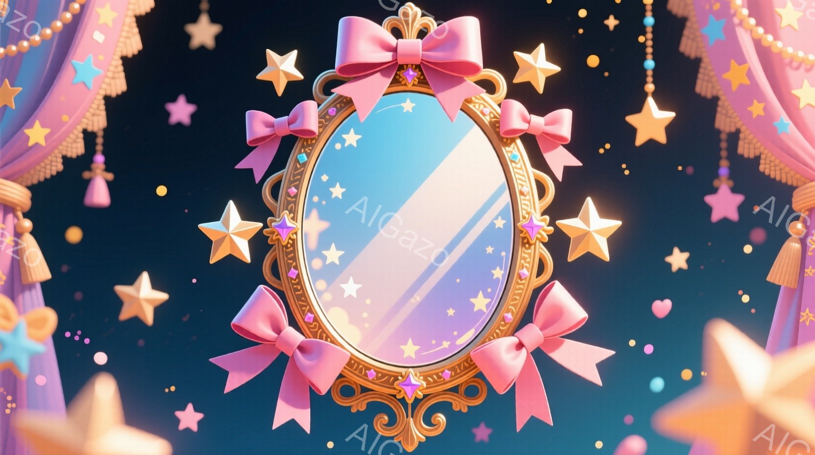 魔法のようなスターライトが周りを演出する夢のような空間で、大きな鏡の前に立つ美少女を描いています。彼女はピンクのリボンとシャワーカップのような装飾を持っており、柔らかな波型の髪型で、素直で穏やかな表情をしています。 背景は夜空の星が点灯しているような美しさで、夢のような幻想的な感覚を与えています。