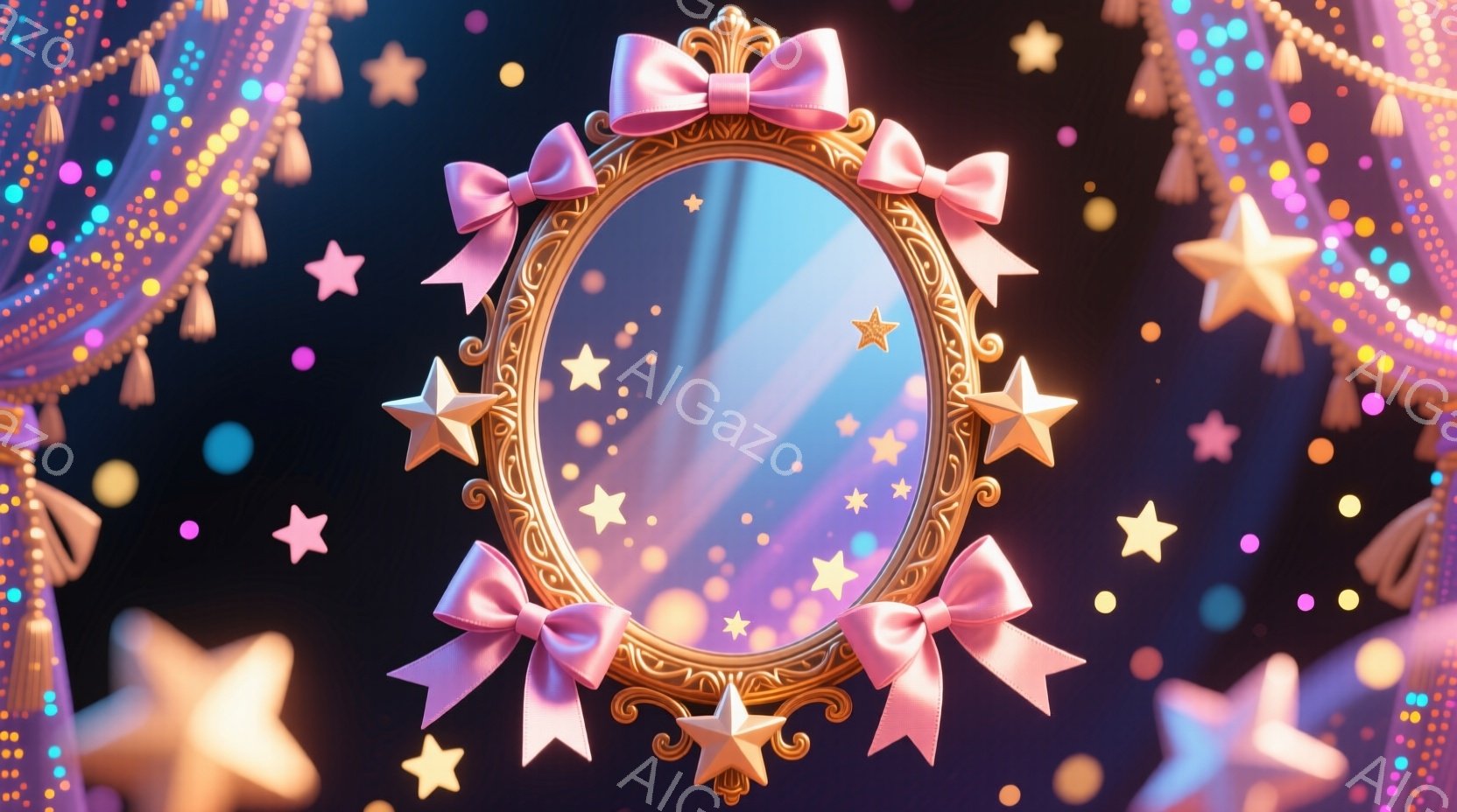 装飾的な金のフレームに飾られた大きな鏡が中心に配置されています。鏡の周りには、ピンクのリボンと様々な大きさの金色の星が散りばめられ、背景は暗い紫とキラキラした光の粒子で構成され、ファンタジックで夢のよ - AI生成フリー素材