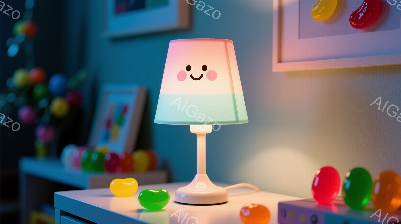 明るいピンク色のランプが、嬉しそうな顔で微笑んでいます。ランプの周りには、色とりどりのジェリービーンズが散らばっており、背景には抽象的な絵画と薄いピンク色の壁が見えます。全体的に、暖かく、遊び心のある - AI生成フリー素材