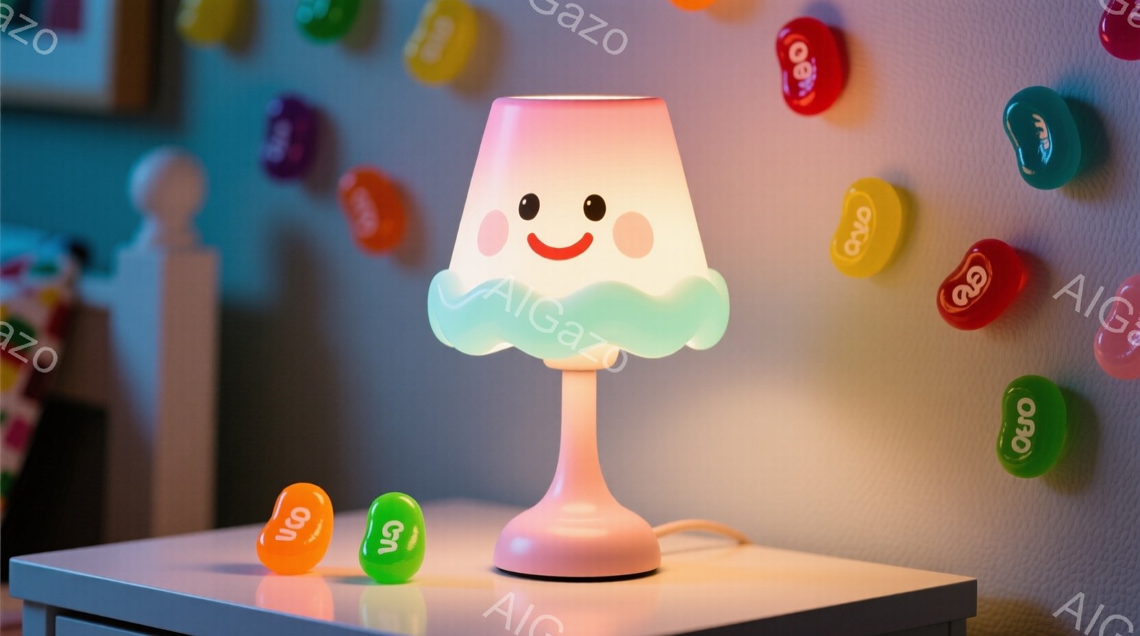 人物が登場しません。描かれたものは、夜景にインスタントランプと色鮮やかなゼリービーンズで装飾された部屋の様子です。雰囲気は心地よく、甘い香りが漂っているような印象を与えます。