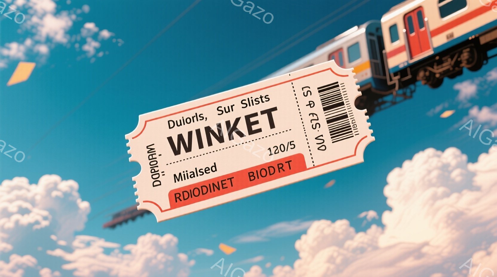 鮮やかな青空を背景に、列車が雲の中を疾走している様子が描かれています。列車の前に大きく「WINKET」と書かれた切符が配置されており、その切符にはバーコードと、いくつかの文字（Diorl、Slist、BIODINET、RDIOINET）と数字（120/5、529）が記されています。全体的に、爽やかで動きのある、旅行を想起させる雰囲気です。