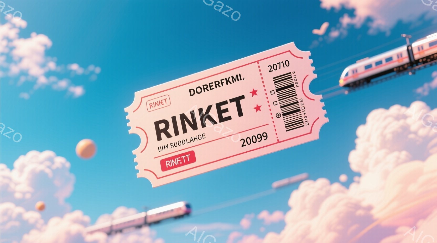 空にはふわふわとした白い雲が広がり、明るい青空が広がっています。鮮やかなピンク色の切符が中央に大きく配置され、「RINKET」と書かれており、バーコードと小さな星の装飾があります。背景には未来的なデザインの白い列車が雲の中に浮かんでおり、全体的に夢のような、希望に満ちた雰囲気を醸し出しています。