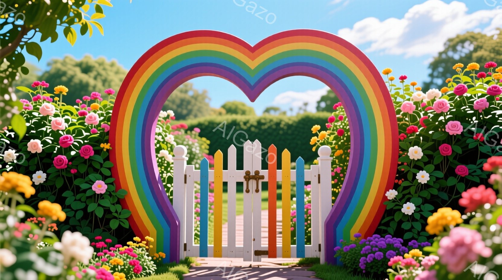 広々とした庭園の中に、虹色のアーチが設置されており、その下には白い木製の柵のゲートがあります。アーチとゲートの周りには、ピンク、黄色、紫など様々な色合いの花々が咲き乱れ、緑豊かな背景と青空が広がってい - AI生成フリー素材