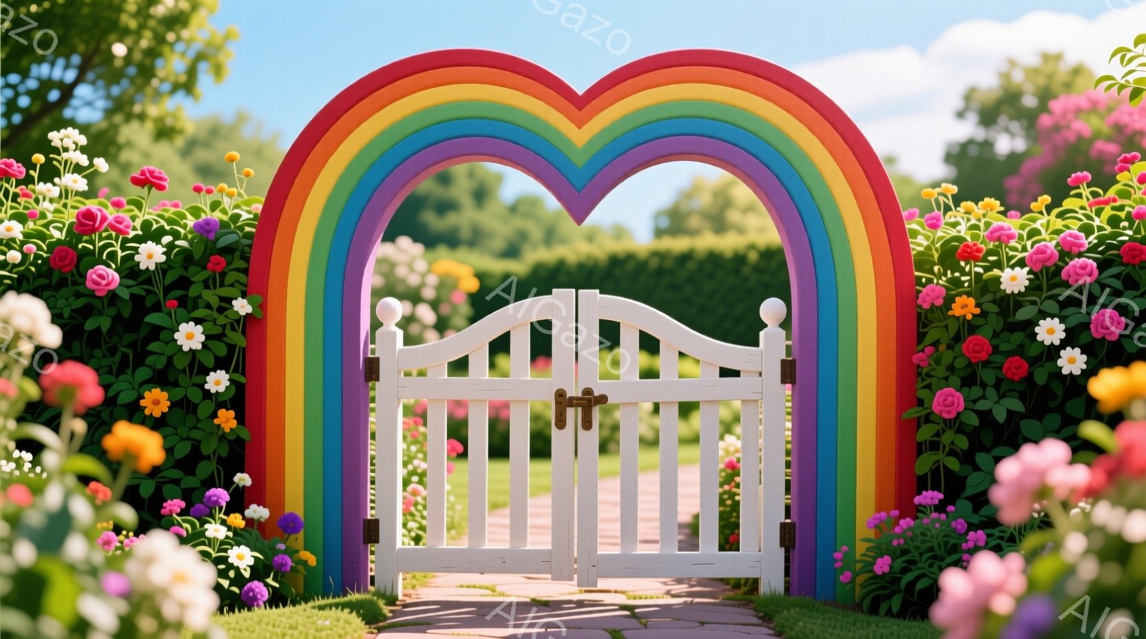 色鮮やかな虹色のアーチが、白い木製の門を優しく抱きかかえる様子が描かれています。門の周りにはピンクや白、黄色の花々が咲き乱れ、緑の芝生の上を石畳の道が奥へと続いています。明るい太陽光と咲き誇る花々が、 - AI生成フリー素材