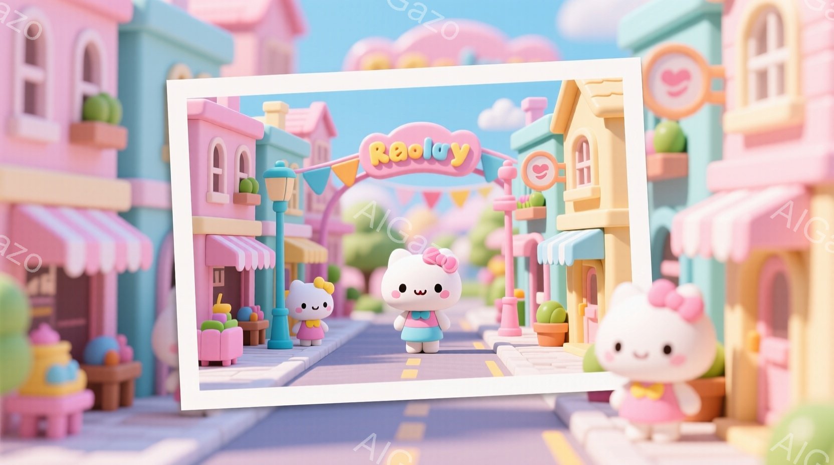 白い建物が並ぶ、かわいらしい街並みの様子が描かれています。ピンク色のワンピースを着た小さなキャラクターが、中央の道路を立っており、両脇には同様のキャラクターが配置されています。背景には、パステルカラー - AI生成フリー素材