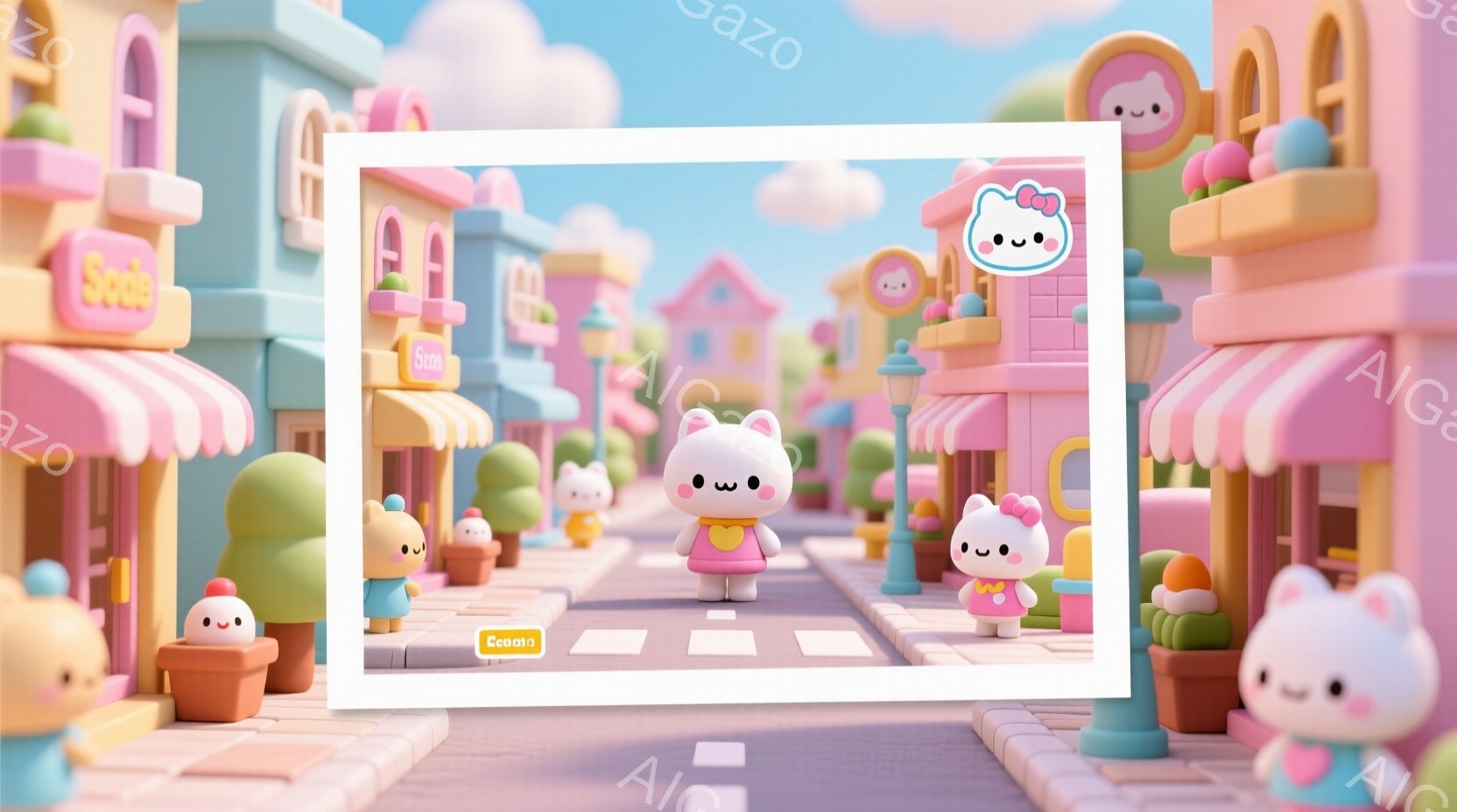 パステルカラーで統一された可愛らしい街並みを背景に、様々な動物のキャラクターたちが描かれています。キャラクターたちは皆、シンプルで丸みを帯びたデザインで、それぞれ異なる色の服を着ています。街には小さな店があり、可愛らしい看板が掲げられており、全体的に温かく、夢のような雰囲気を醸し出しています。