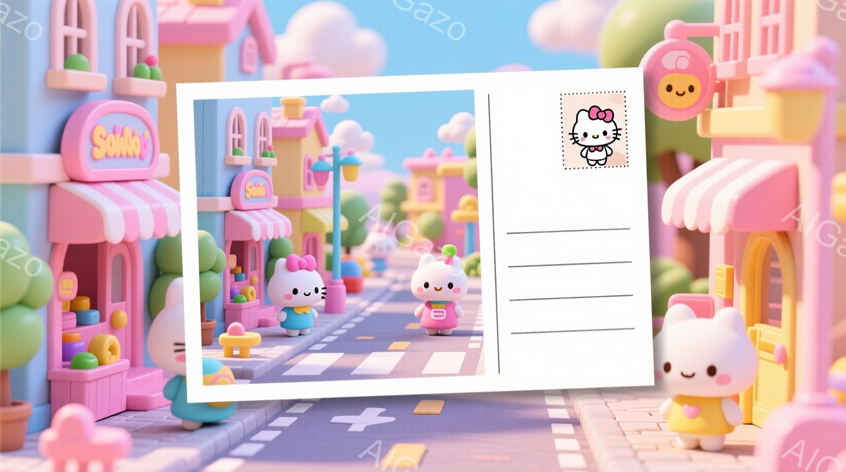 ポップなカラフルな場景を表すコンピュータグラフィックスのイラストです。中心には瞳と鼻が描かれた人形があり、背景には色彩豊かな建物や道路が見られます。全体的に明るく元気な雰囲気が感じられます。