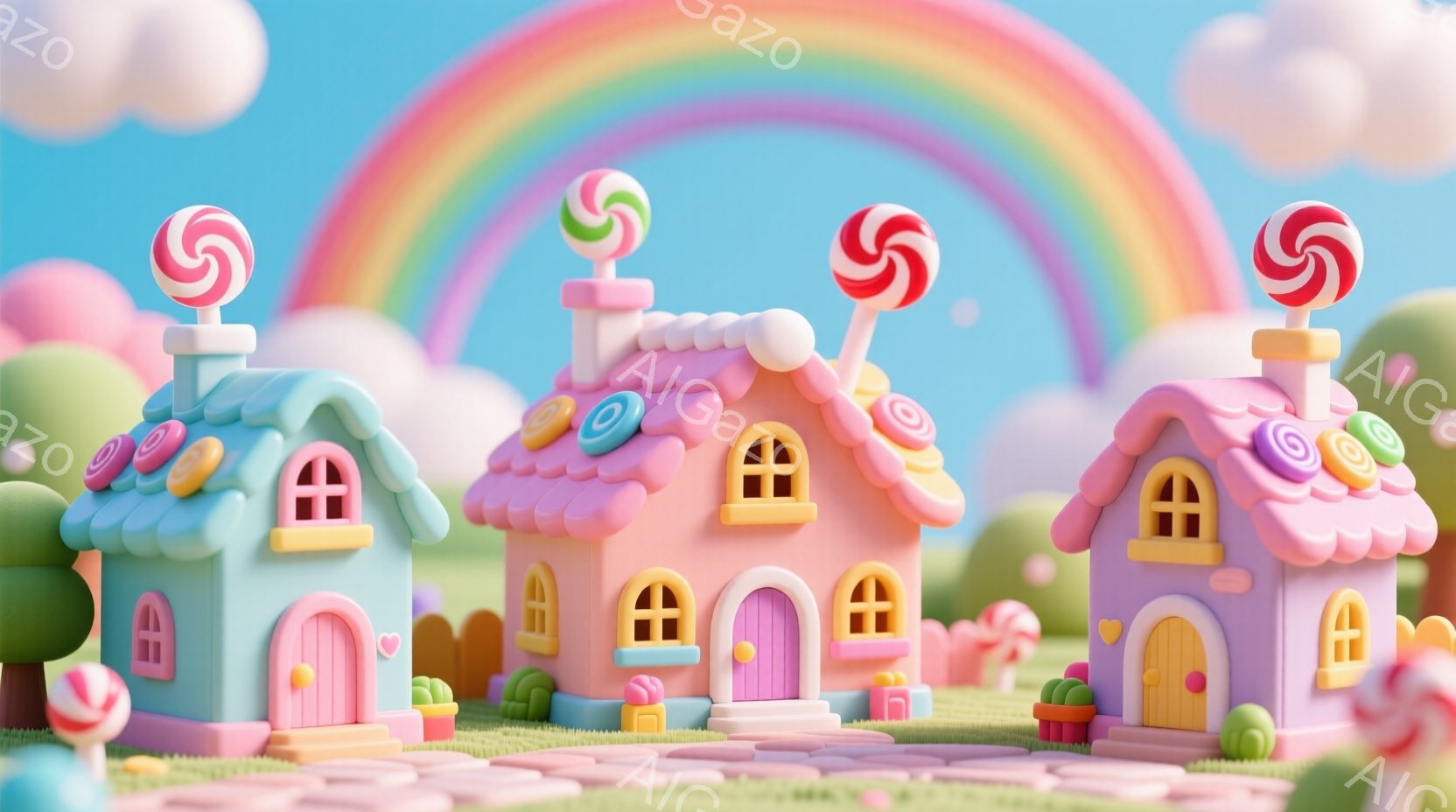 鮮やかなピンクと水色の家々が、まるでキャンディのような可愛らしい景観を作り出しています。各家の屋根には巨大な飴が飾られ、カラフルなドロップが家の周りに散りばめられています。背景には虹がかかり、ふわふわ - AI生成フリー素材