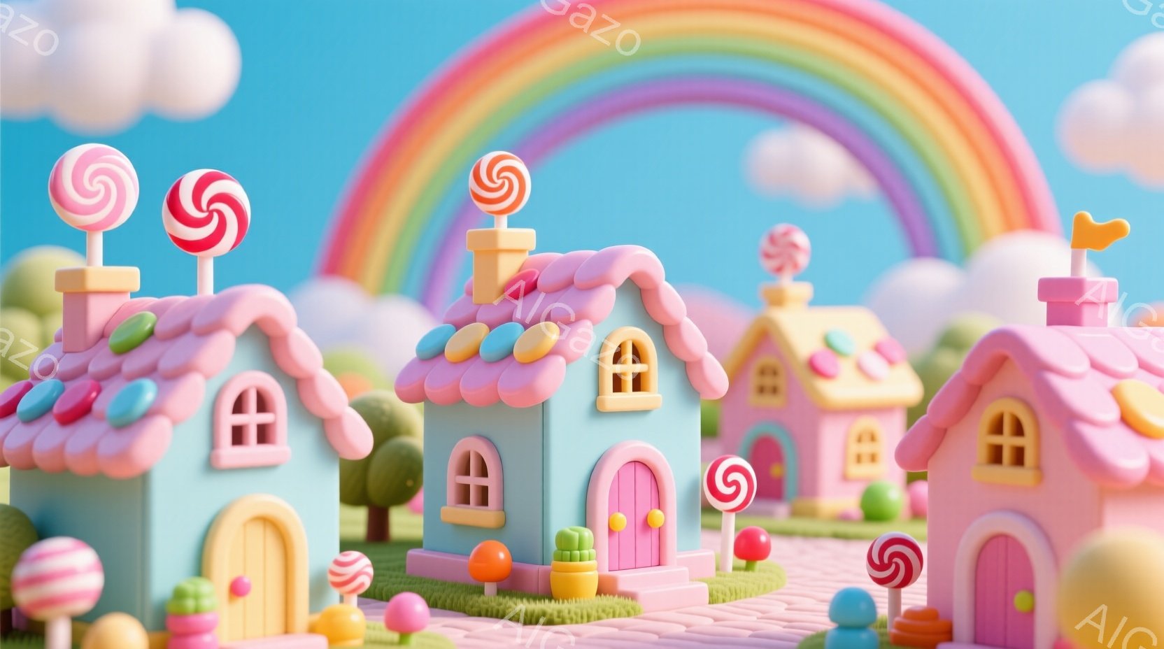 カラフルなキャンディのような家々が並ぶ、夢のような風景です。各家には巨大なキャンディが屋根の上に飾られ、庭にはカラフルな丸いオブジェが点在しています。背景には虹がかかり、ふわふわとした雲が浮かんでおり - AI生成フリー素材