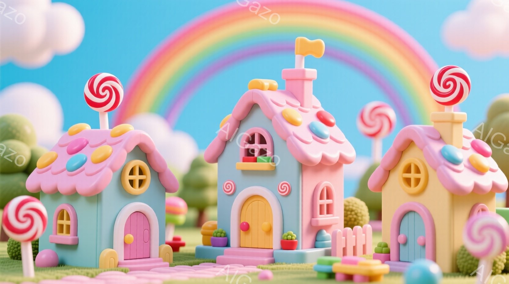 カラフルなキャンディのような家々が並び、まるで夢のような風景が広がっています。それぞれの家は、まるで砂糖菓子でできたかのように可愛らしく、屋根にはカラフルなキャンディが飾られています。背景には虹がかかり、緑の芝生と雲が、この甘くて楽しい雰囲気をさらに引き立てています。