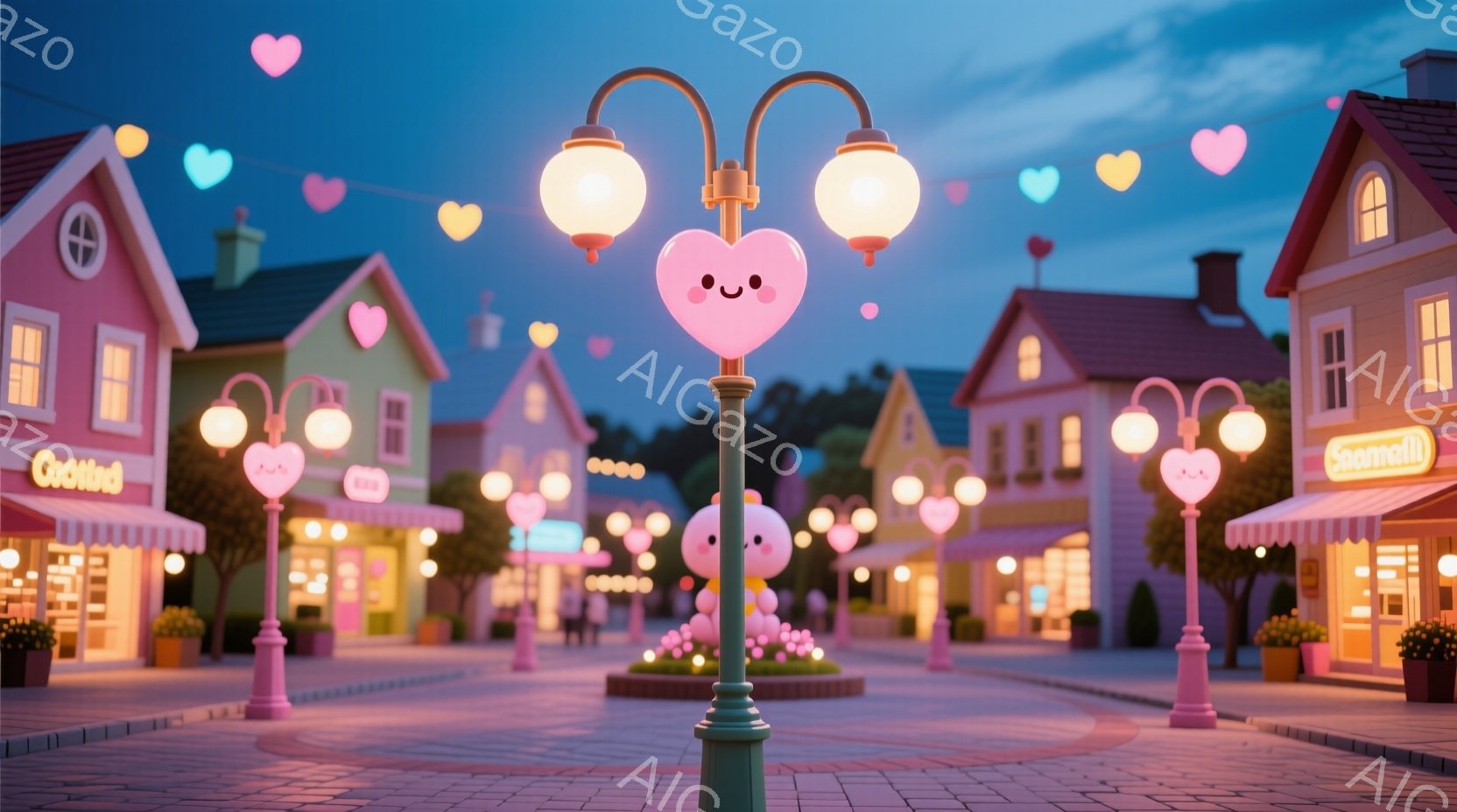 優しいピンクと紫の色調で、可愛らしい街並みが描かれています。電柱には笑顔のハート型のライトが灯り、道にはハート型の光が舞い、暖かく夢のような雰囲気を醸し出しています。建物はパステルカラーで、可愛らしい - AI生成フリー素材