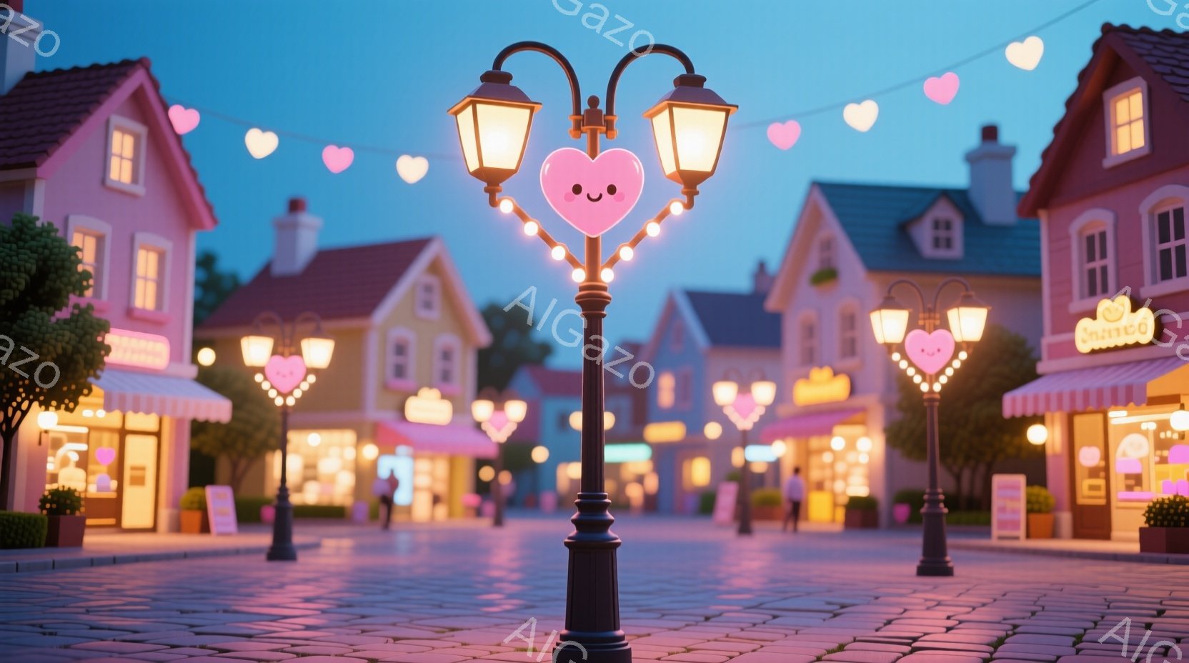 暖かく優しい光に包まれた、可愛らしい街並みが描かれています。建物はパステルカラーで彩られ、道路にはハート型の照明が並び、ロマンチックな雰囲気を醸し出しています。夜空は淡いピンクと青のグラデーションで、 - AI生成フリー素材
