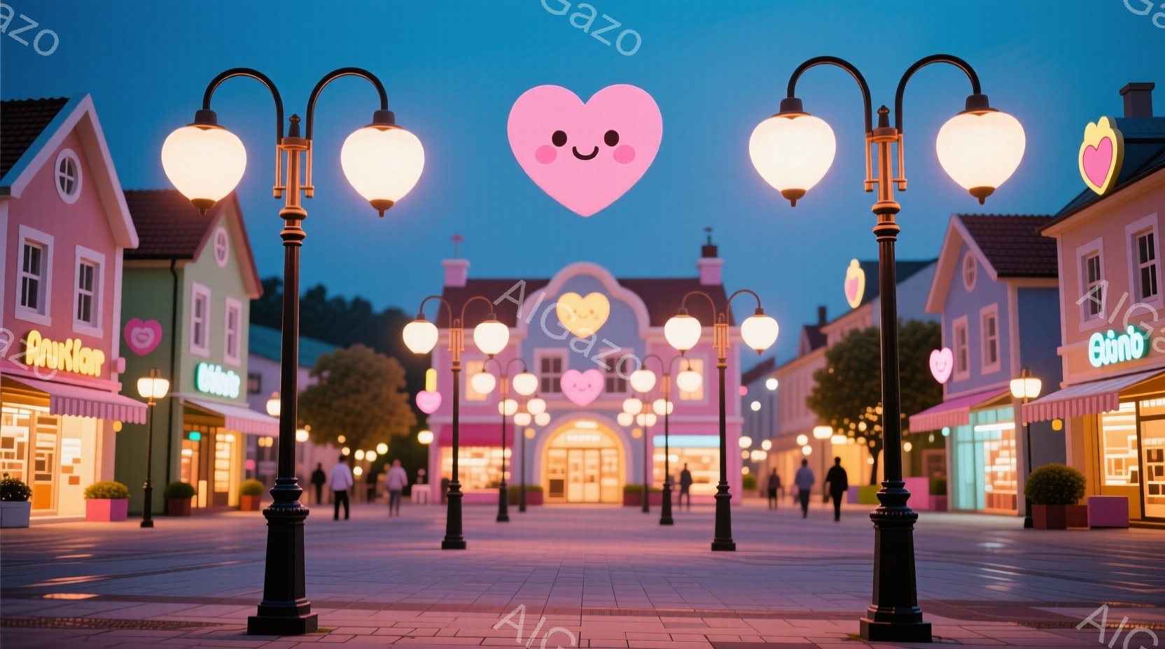 舗装された通りには、可愛らしい店が並び、それぞれの店舗は明るい色で装飾されています。人々はカジュアルな服装で通りを歩いており、リラックスした雰囲気が漂っています。空は夕暮れ時で、街灯と店の明かりが暖かく輝き、まるで夢のような光景を作り出しています。
