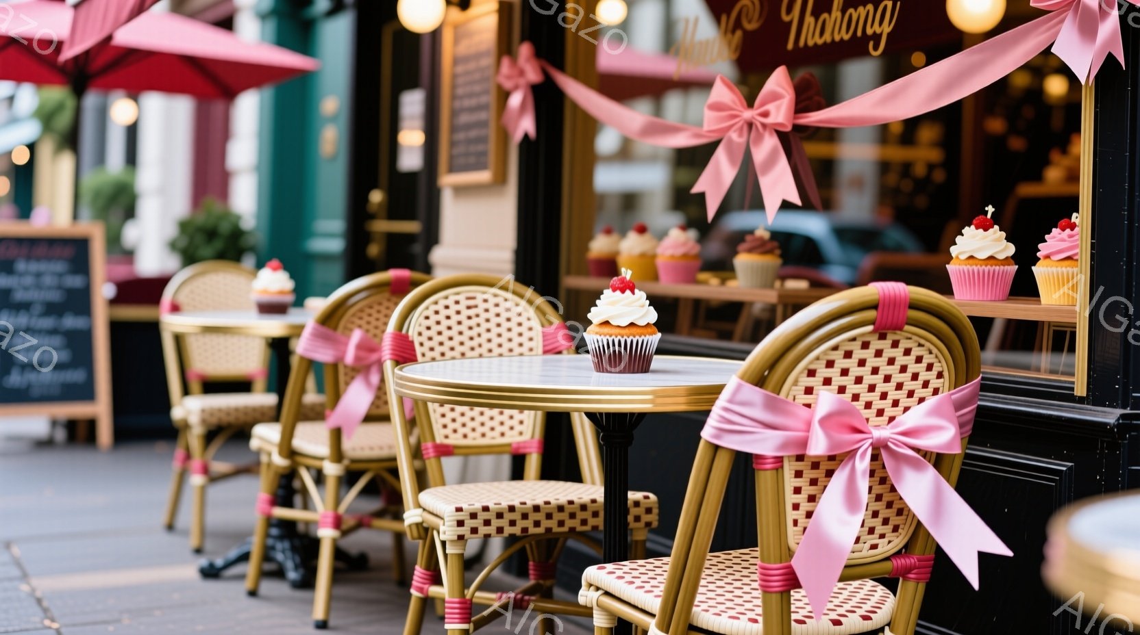 パリのカフェのテラス席が写っており、籐編みの椅子と円卓が並べられています。それぞれの椅子にはピンクのリボンが結ばれており、テーブルの上には可愛らしいクリームとイチゴのデコレーションがされたカップケーキ - AI生成フリー素材