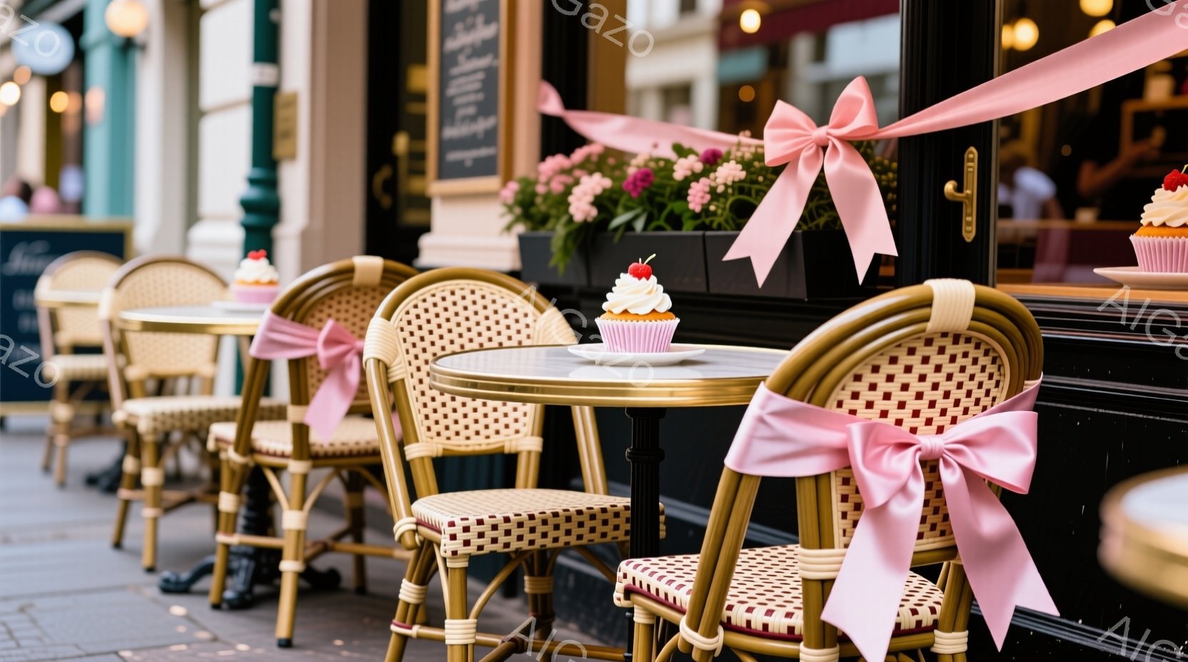 パリのカフェのテラス席が写っており、各椅子にはピンクのリボンが結ばれています。テーブルの上には可愛らしいカップケーキが置かれ、背景には花で飾られた窓と石畳の道が見えます。全体的にロマンチックで、春らし - AI生成フリー素材