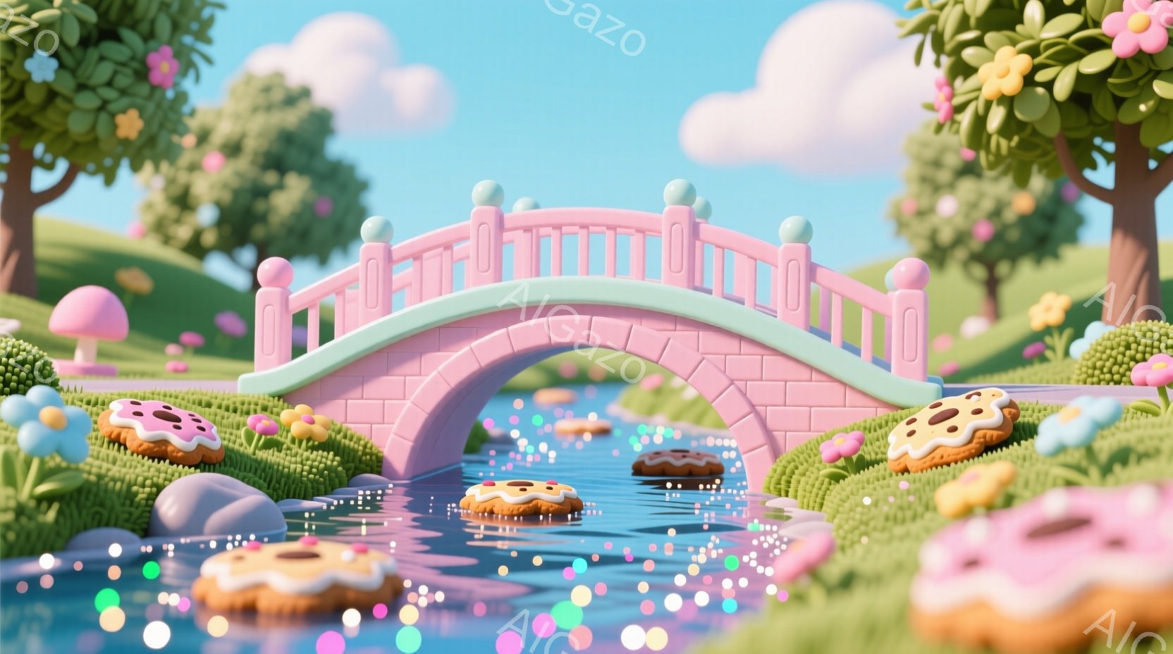 淡いピンク色のアーチ橋が、きらめく水面の上を架けています。周囲にはカラフルなドーナツやキノコ、花が咲き乱れ、夢のような可愛らしい風景が広がっています。空はパステルカラーで、全体的に穏やかで幻想的な雰囲気が漂っています。